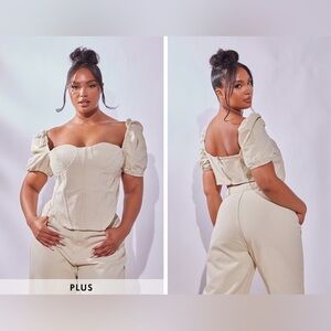 PRETTYLITTLETHING Plus Cream Puff Sleeve Denim Corset Top